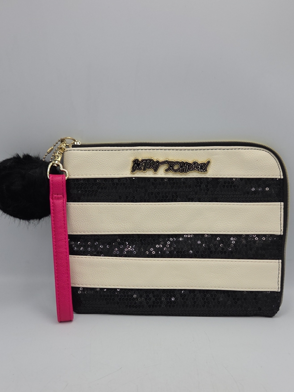 Betsey Johnson  Striped Wristlet with Pom Pom Charm